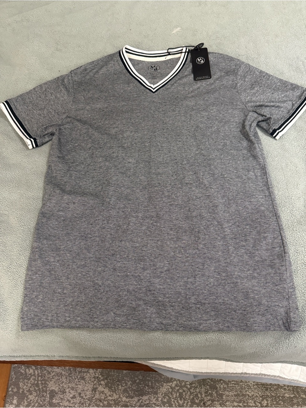 Michael Brandon Gray Short Sleeve V-Neck Tee with Striped Trim